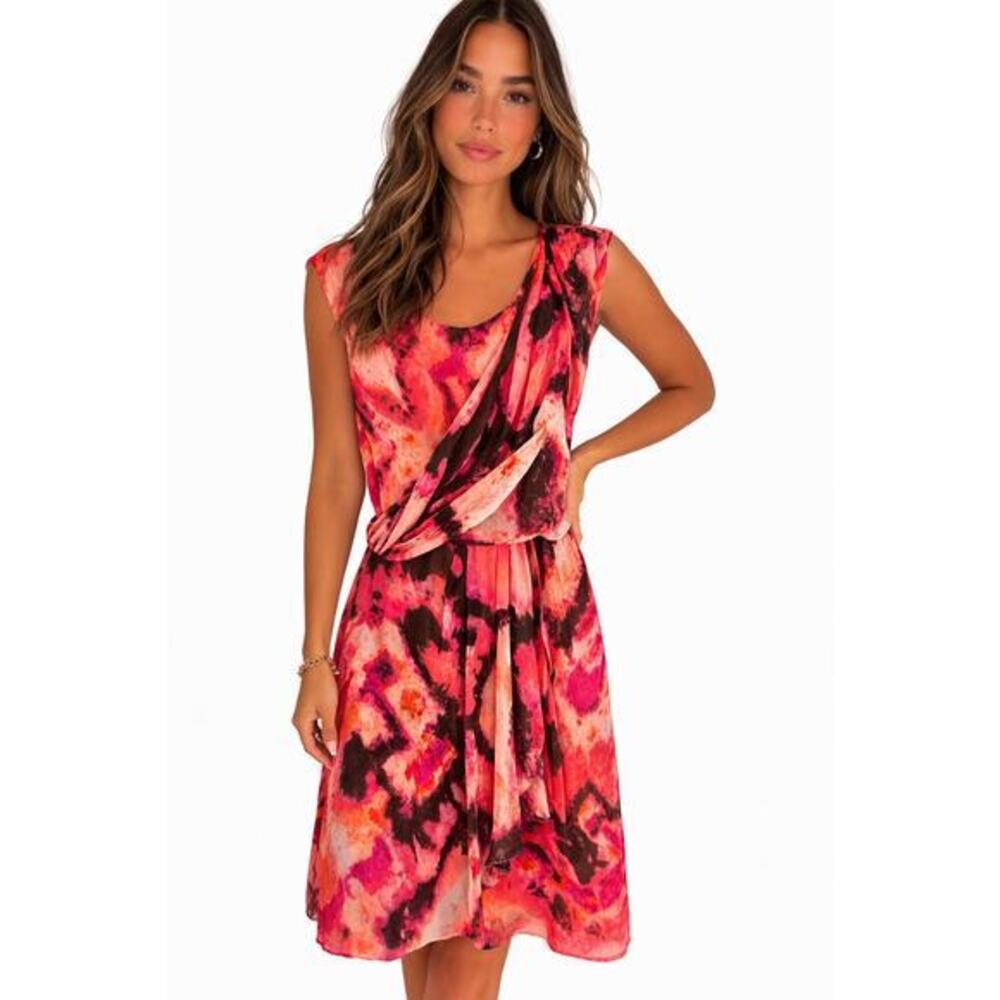 Chequer pink peach twist front detail abstract print cocktail party dress size 4